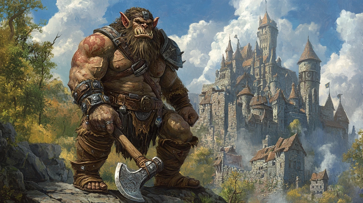 Roi troll royal avec hache devant un vaste château de pierre