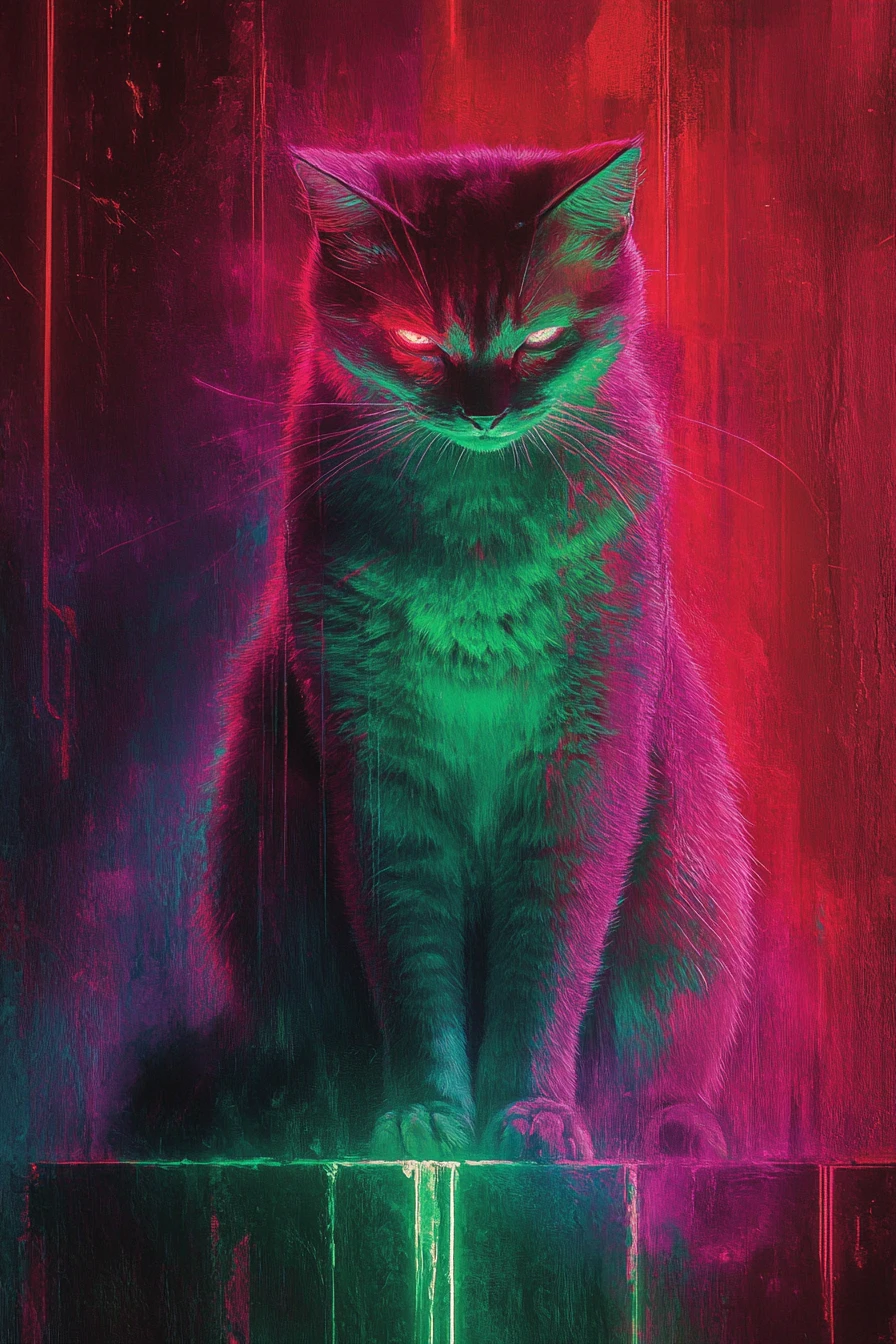 Neon lit cat suspended between earth and hell