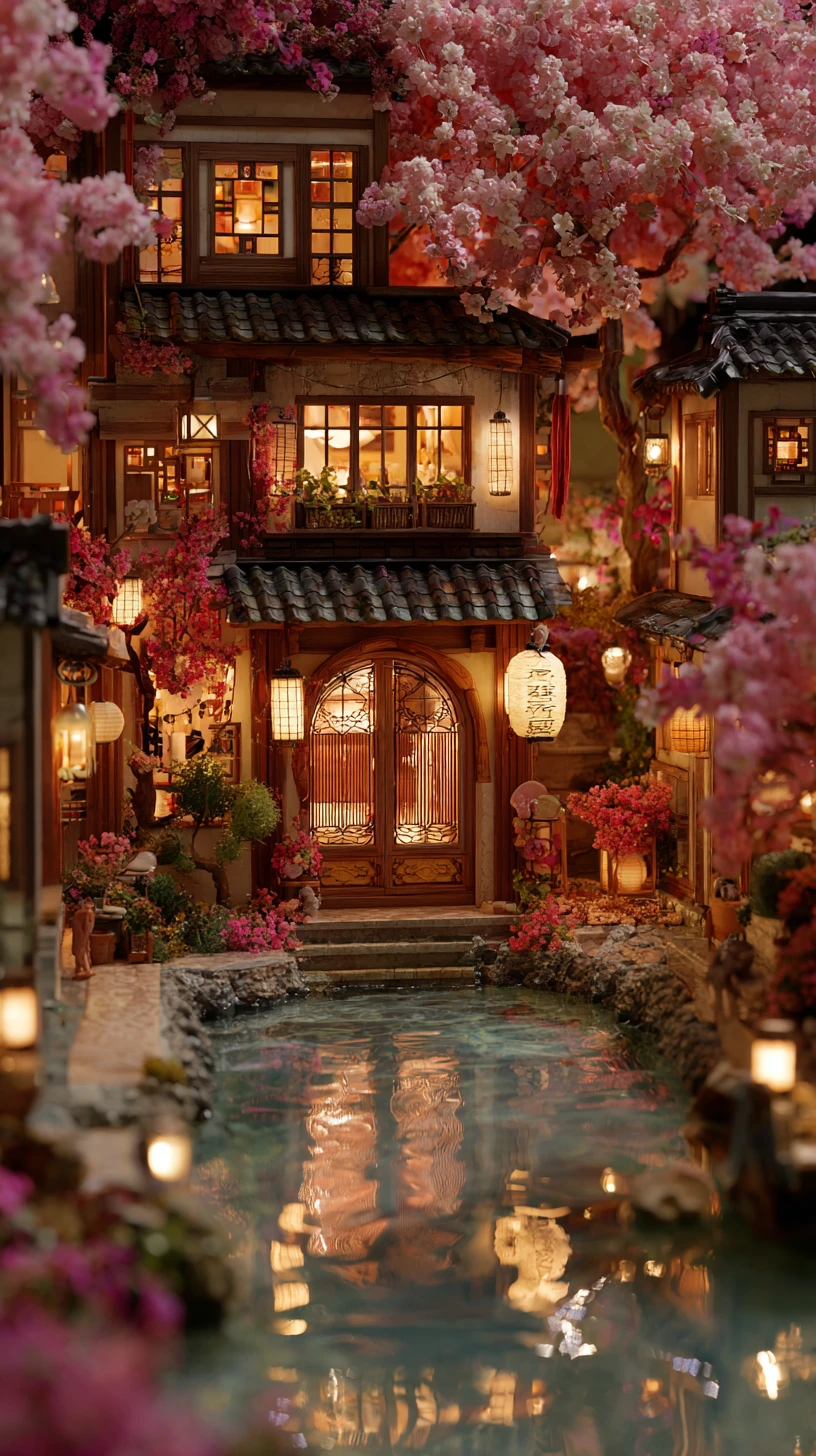 Pueblo de fantasía de cerezos en flor con casas de madera iluminadas por faroles