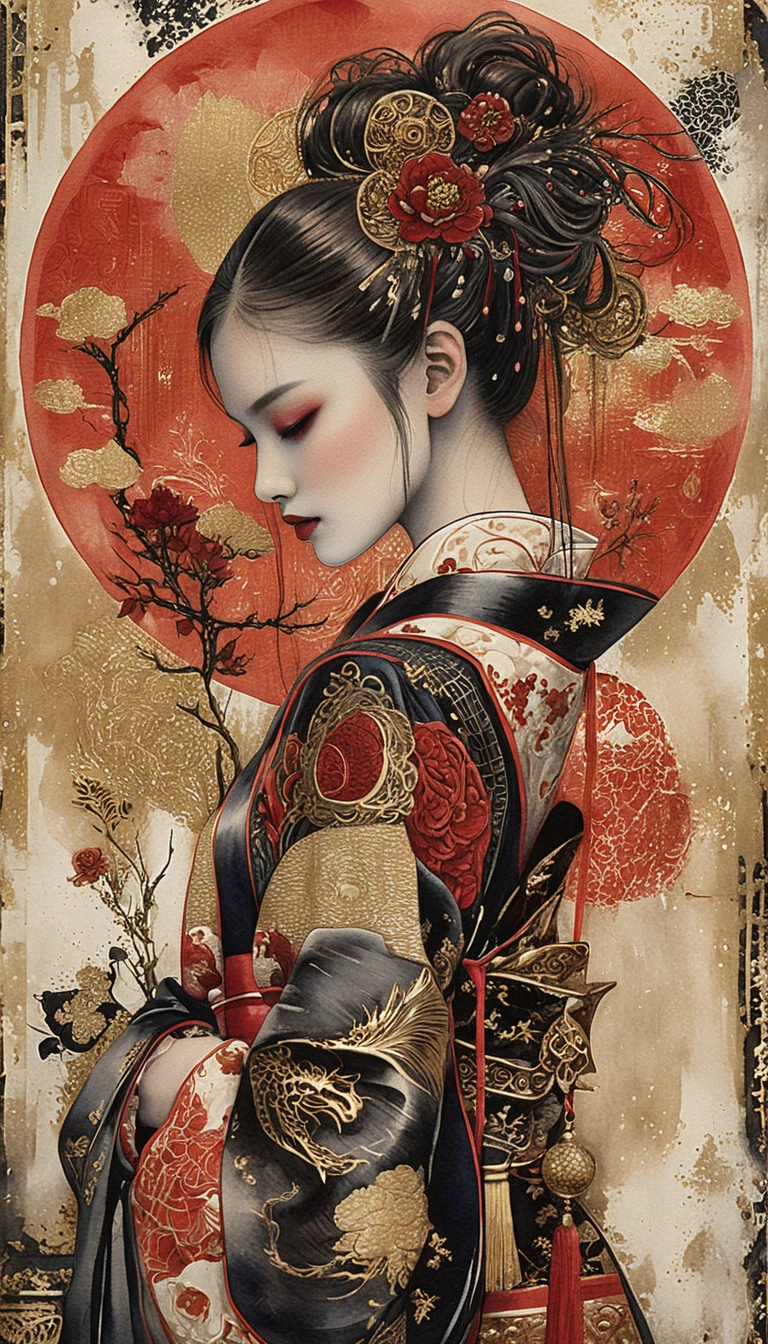Retrato de perfil de uma mulher em quimono ornamentado vermelho e preto