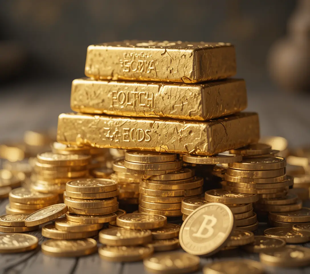 堆疊金條與散落金幣的特寫