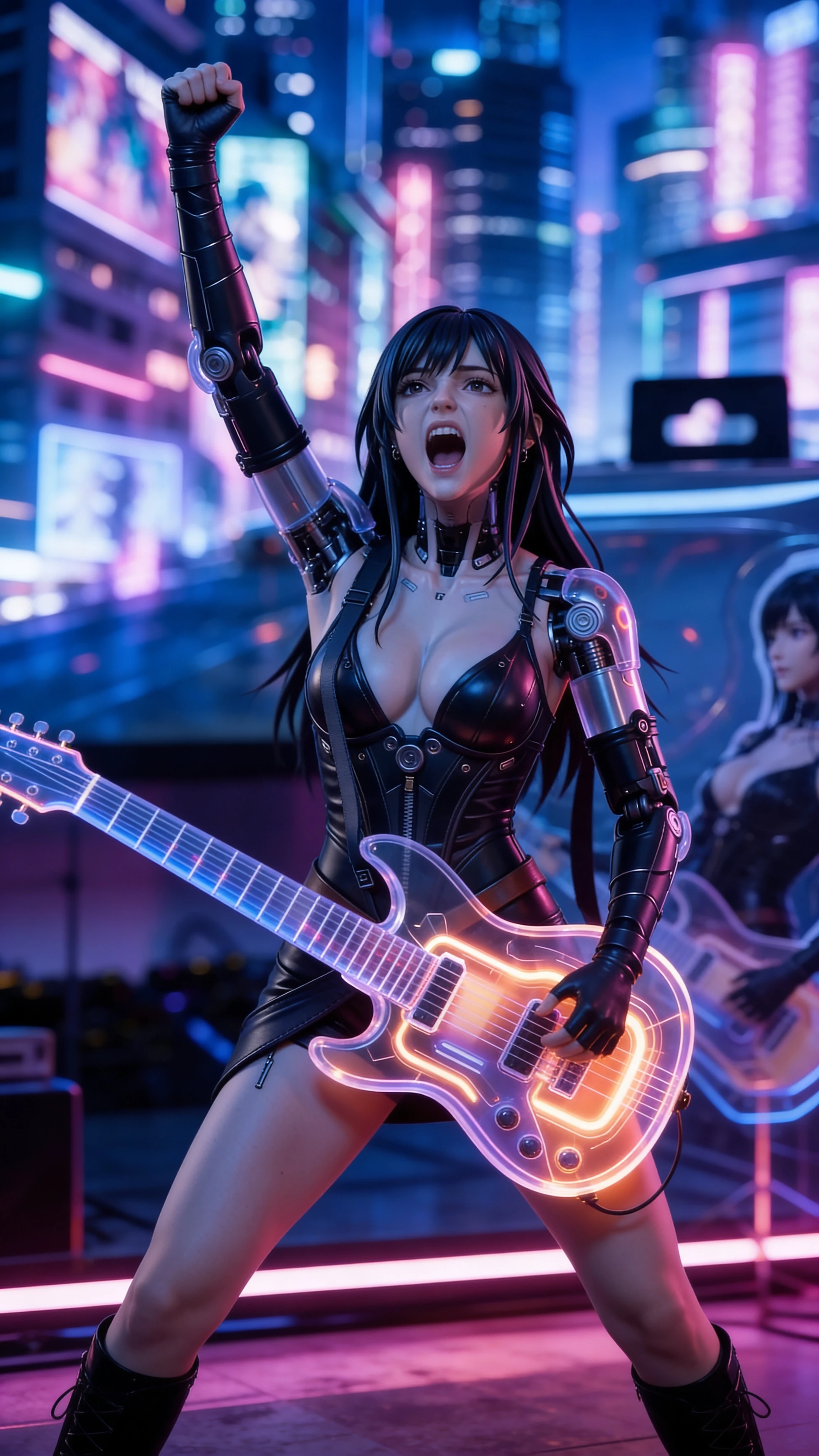 Musicista rock in una posa potente, trionfante e ribelle