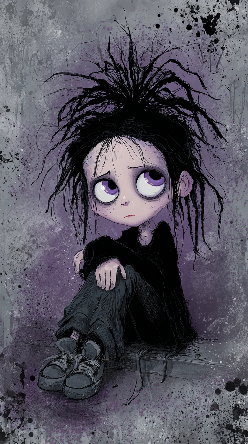 Personaje chibi gótico melancólico con grandes ojos morados