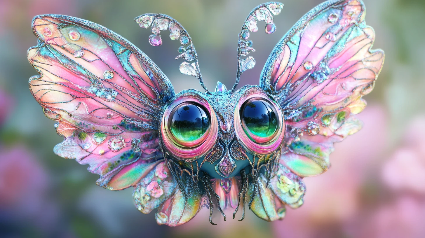 Colorful fairy with iridescent wings on floral gradient background