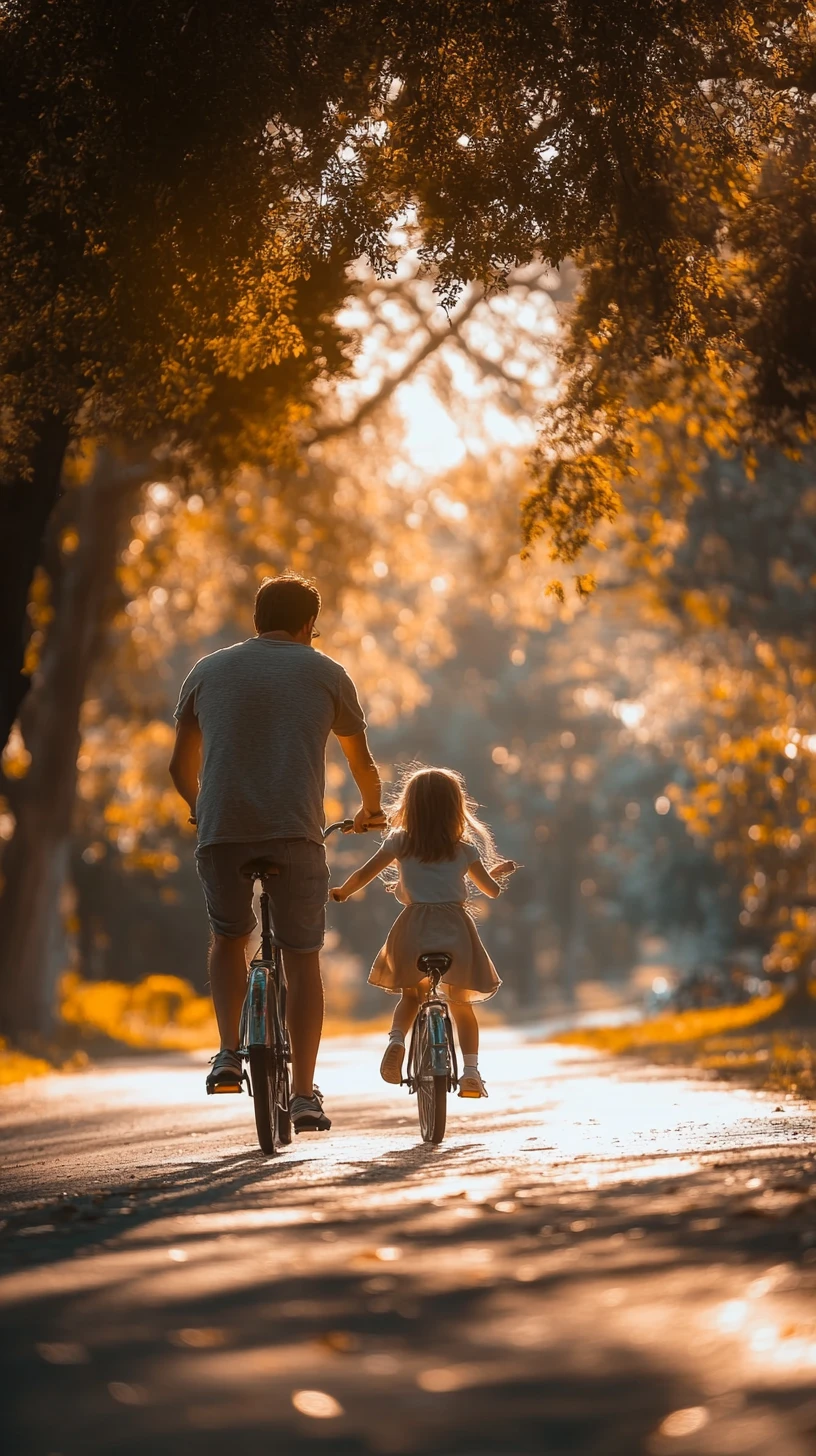 Padre enseñando a su hija a montar en bicicleta al atardecer