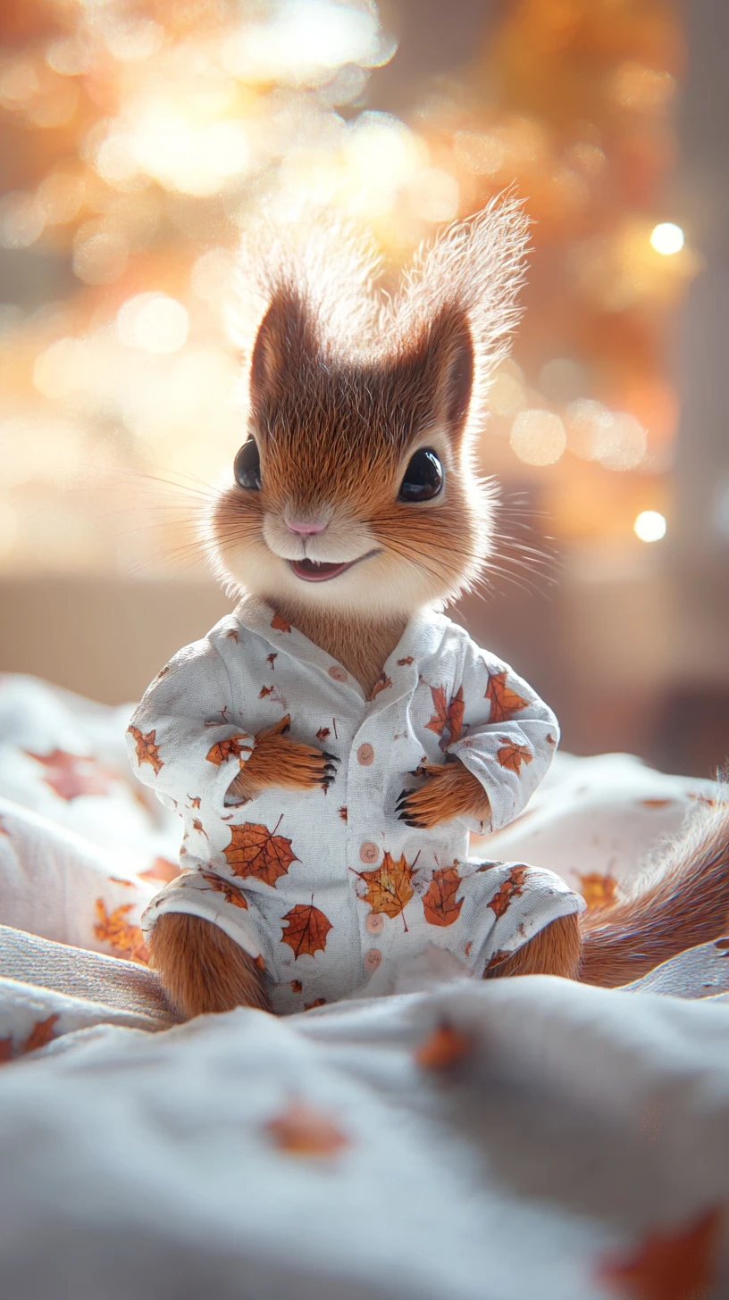 Esquilo fofo sorridente de pijama sentado em uma cama aconchegante