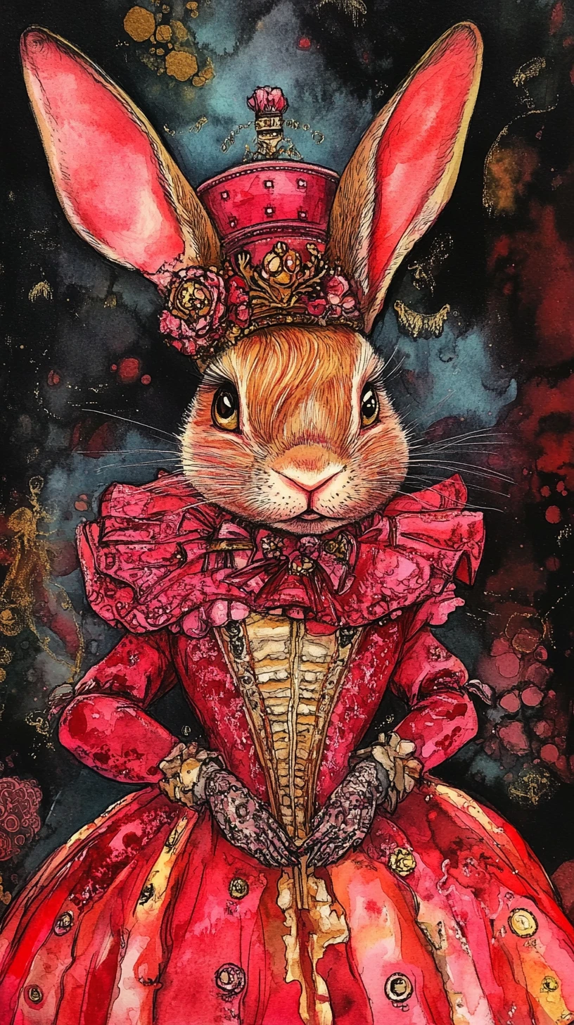 Coelho surreal em vestido vanguarda com chapéu combinando