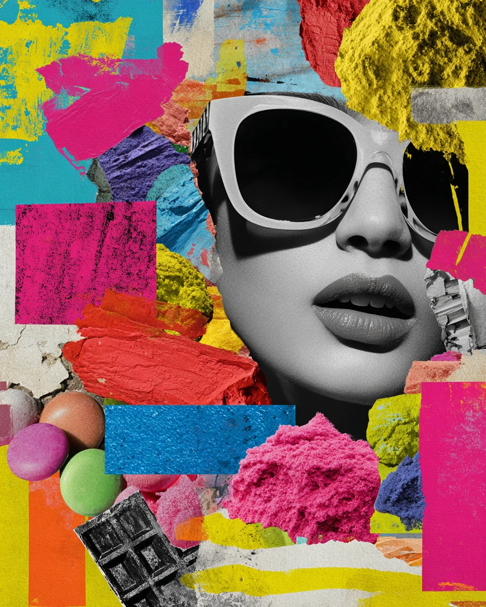 Colagem caótica de cores vibrantes e texturas divertidas
