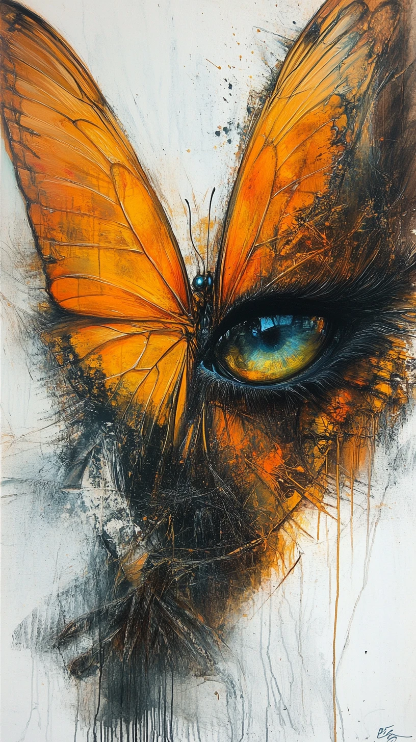 Borboleta surreal em mídia mista com olhos abstratos reflexivos