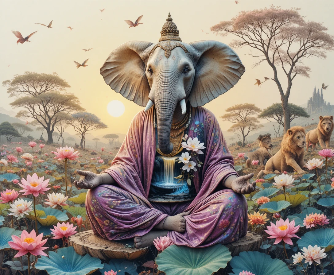Elefante meditando em flor de lótus em arte colorida de lápis