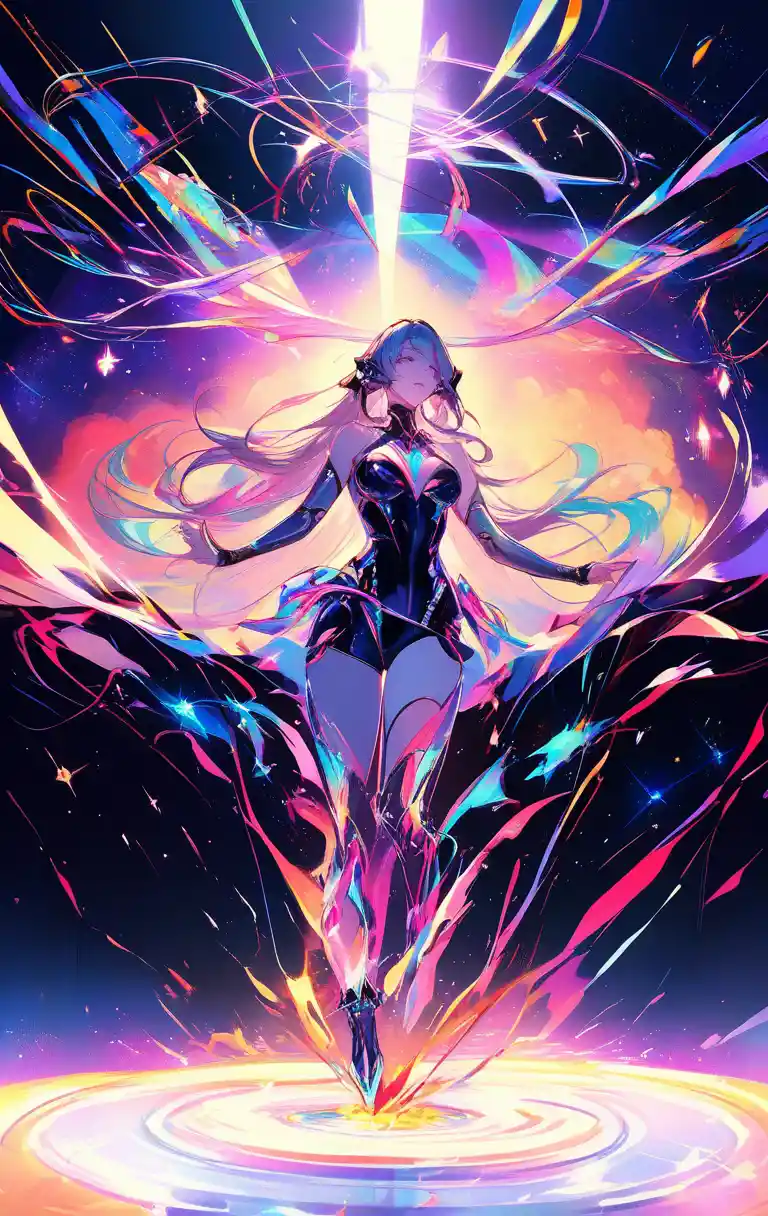 Donna cyborg futuristica circondata da energia mistica al neon