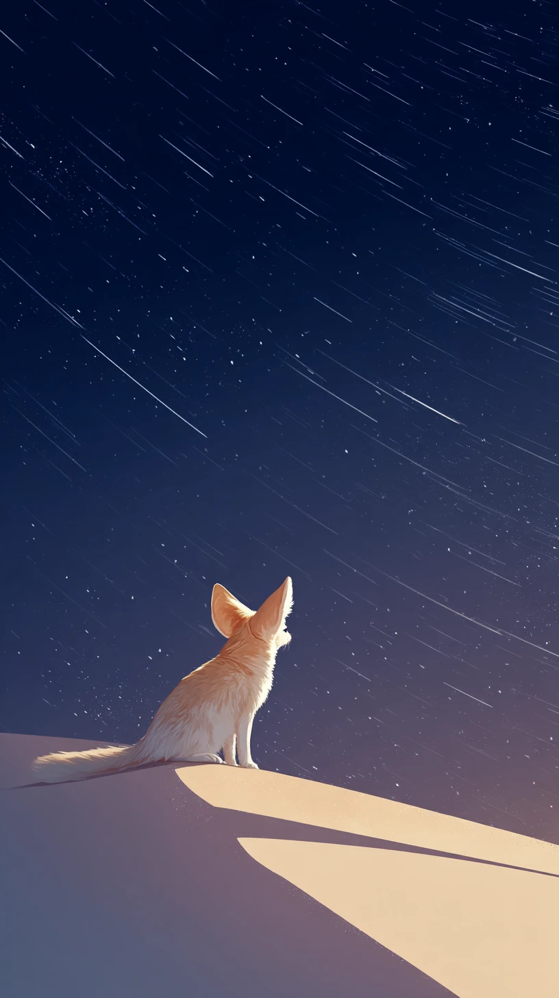 Raposa‑feneco solitária em duna do deserto sob estrelas cadentes