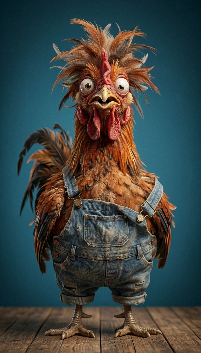 Retrato de galo 3D fantasioso com jardineira jeans