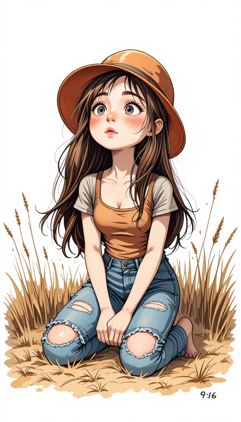 Young girl in dry grass gazing upward in wonder