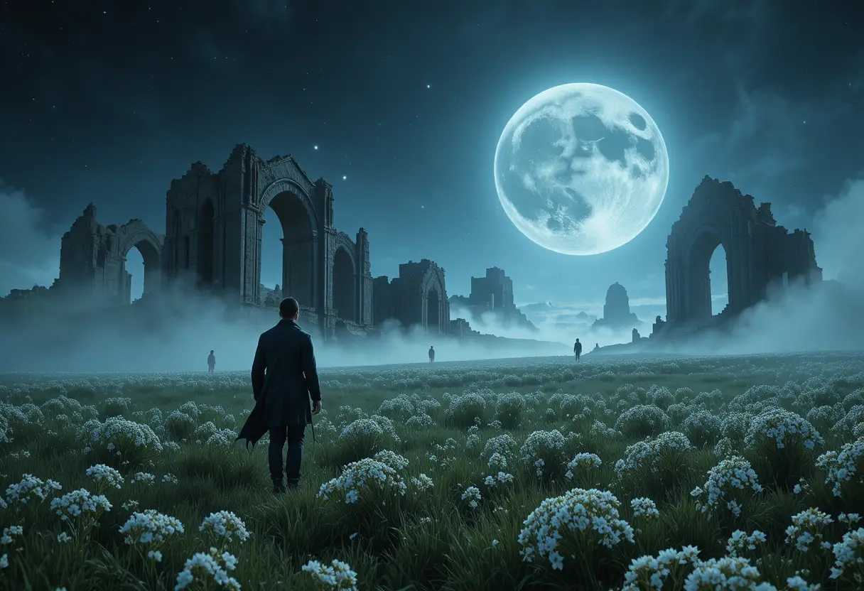 Lone wanderer in a moonlit meadow with ancient stone ruins