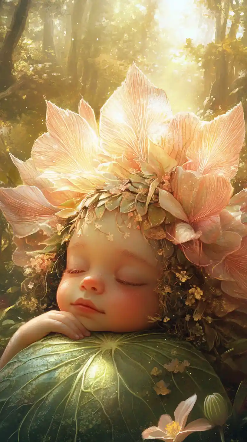 Young troll resting against a flower in forest light