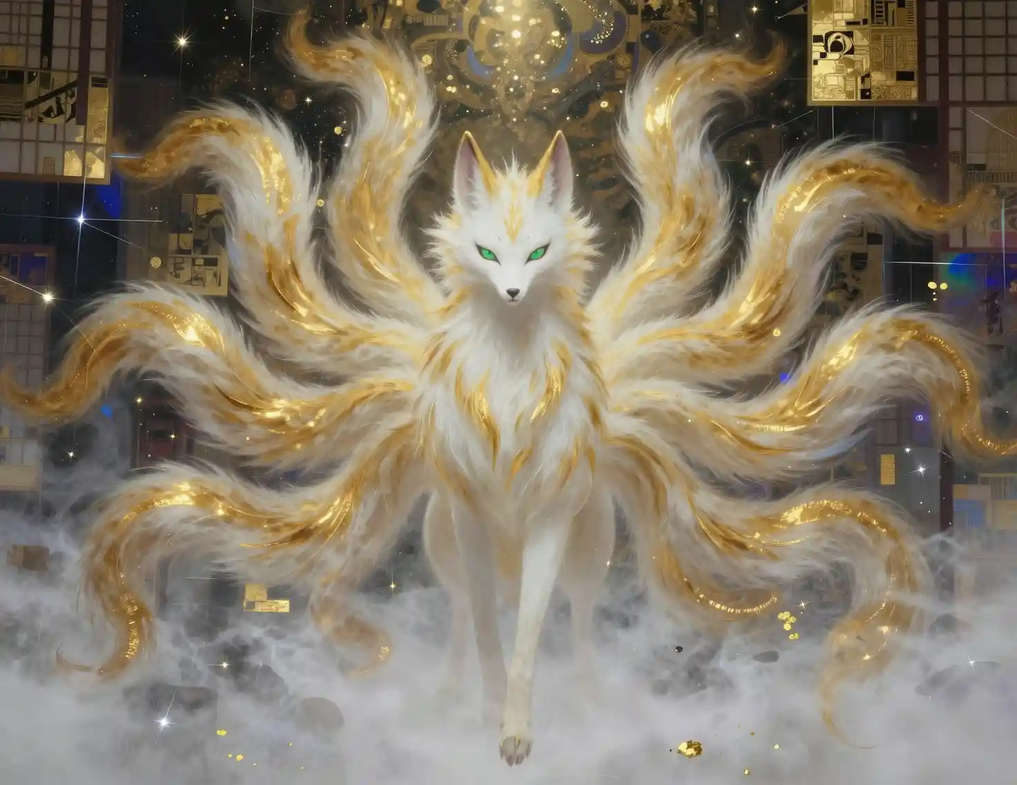 Mythischer Kitsune mit neun goldenen Schwänzen in nebliger Stille