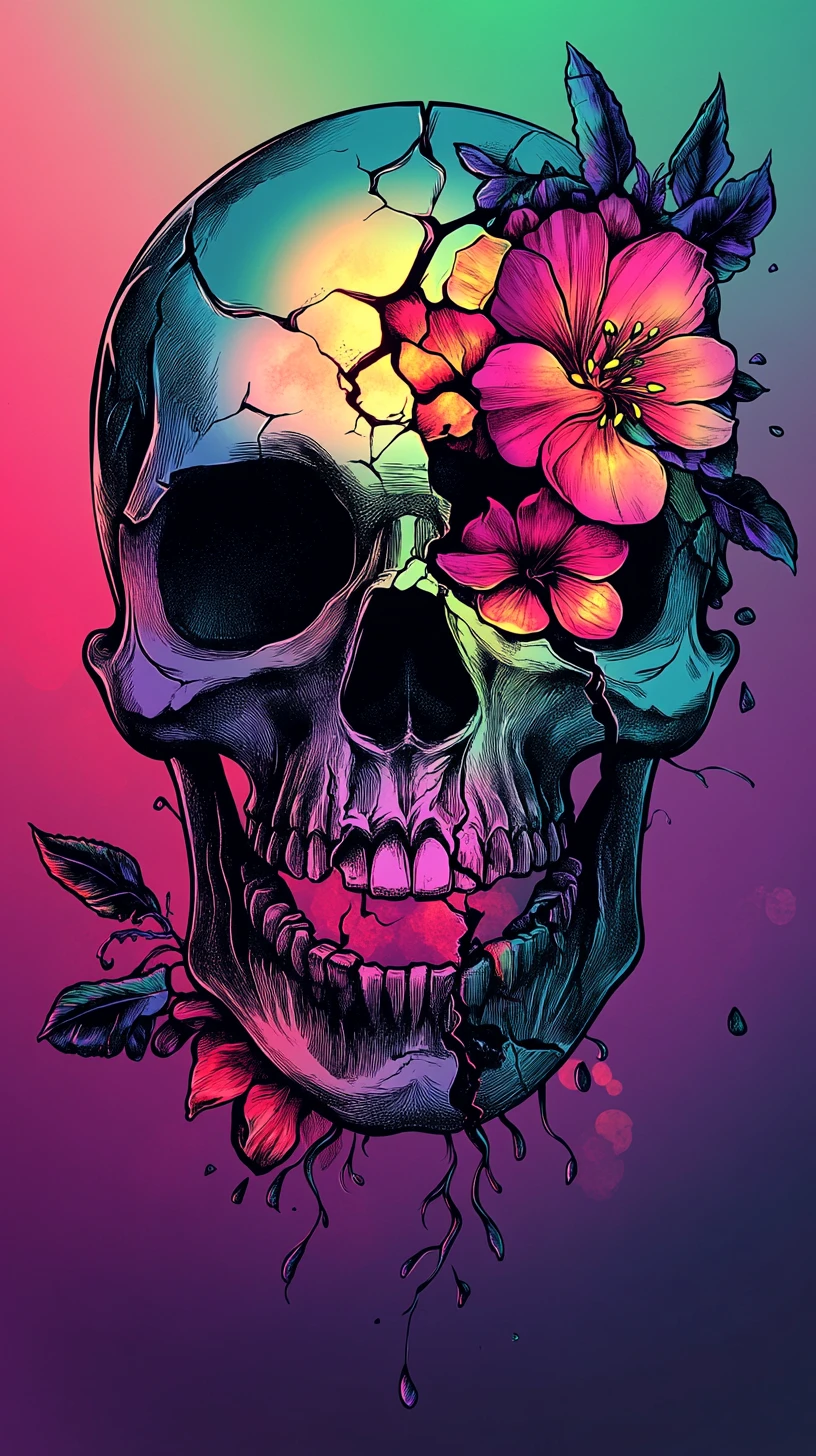超現實頭骨綻開，綻放發光花朵與彩虹光芒