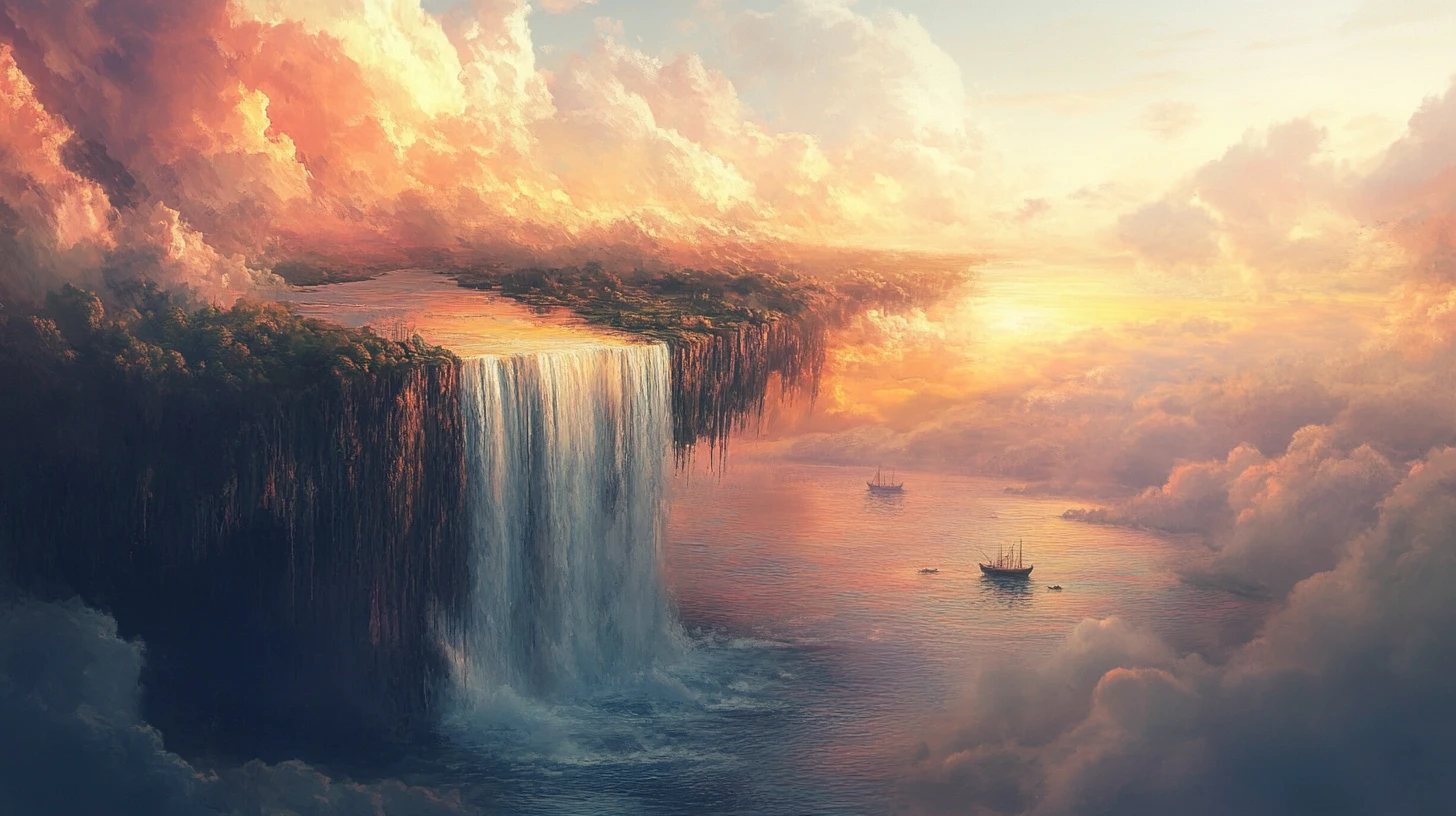 Cascata surreale di un lago che si riversa in un vuoto infinito