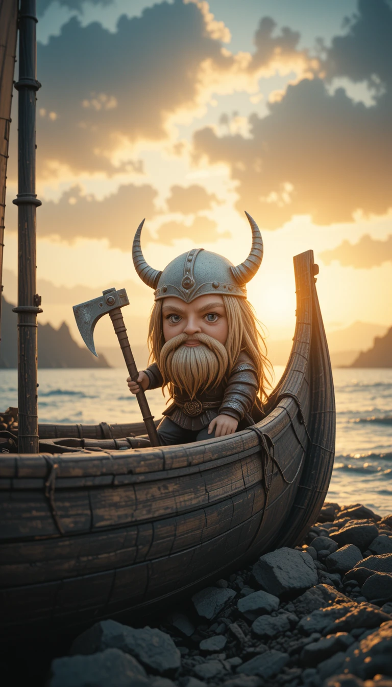 Guerreiro viking chibi desembarcando em uma costa rochosa ao pôr do sol
