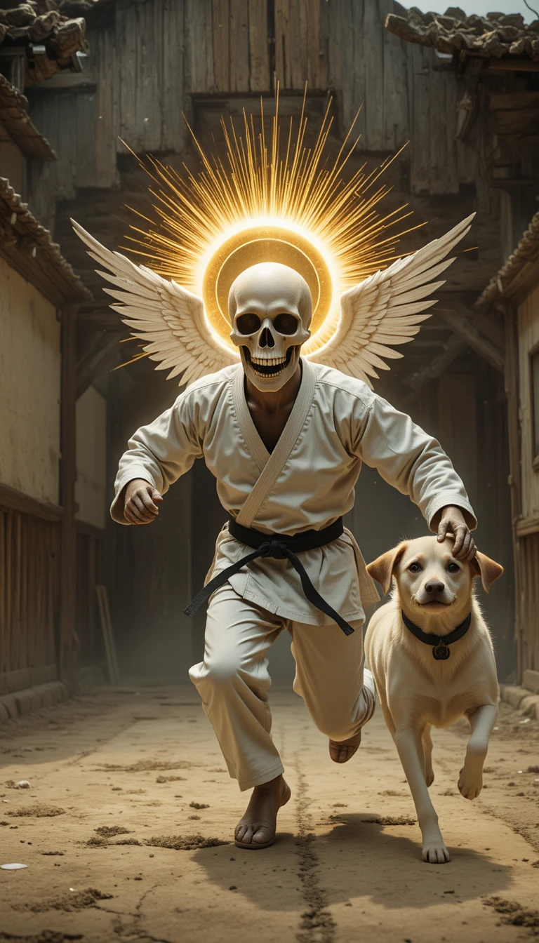 Karate skeleton with halo chased by a small dog in dojo