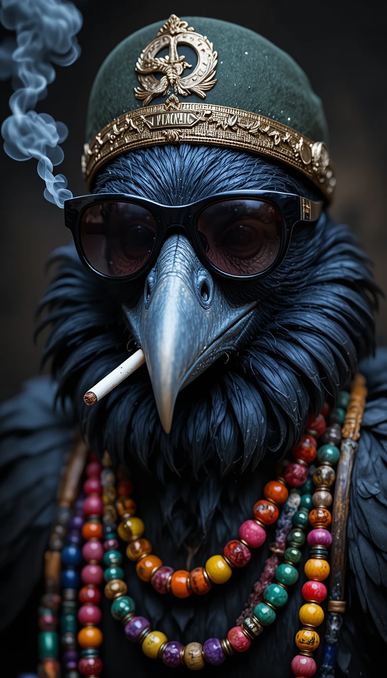 Corvo em desenho animado com colares, óculos de sol e cigarro no bico