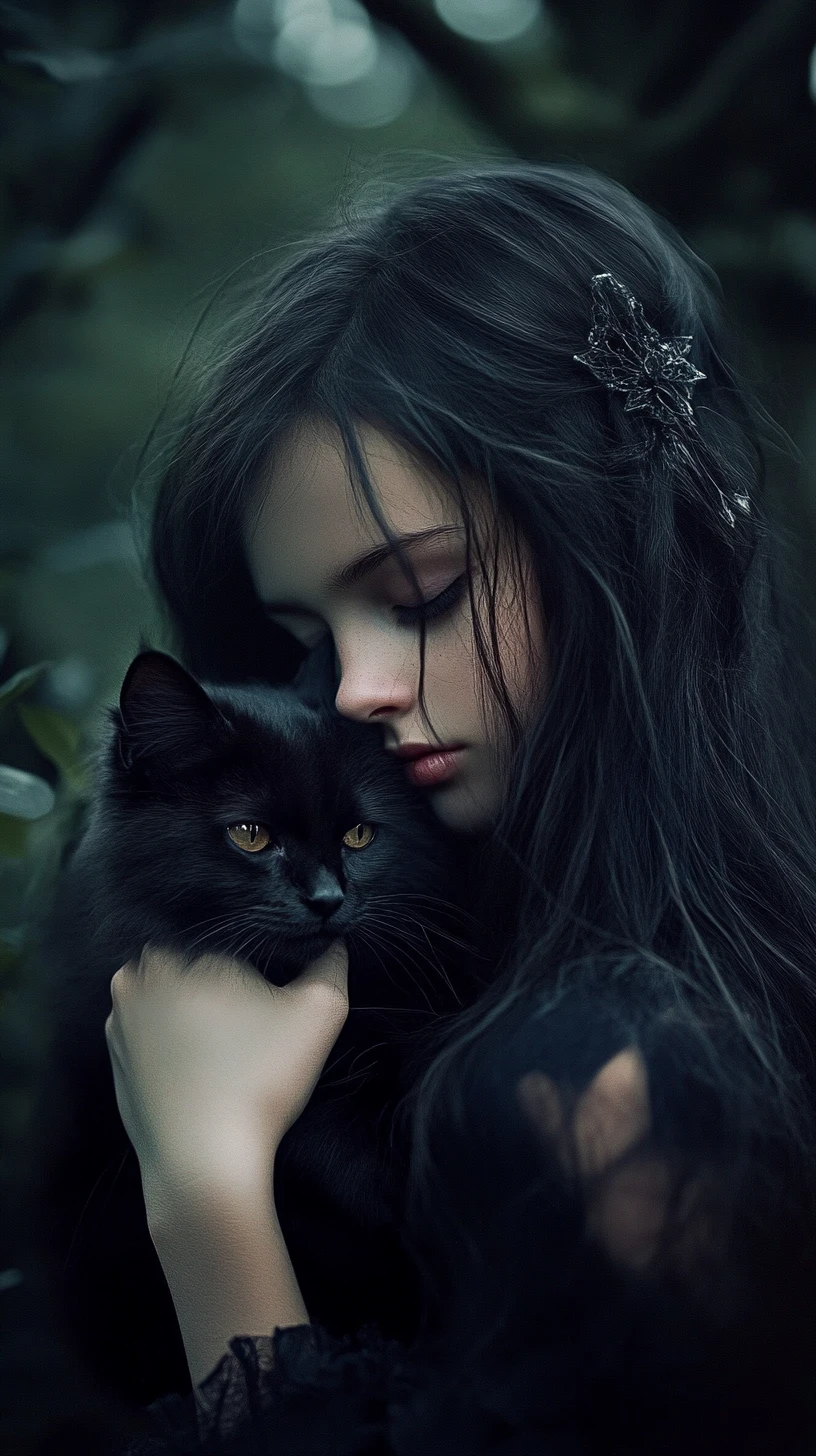 黒髪の少女が黒猫を抱く暗い森