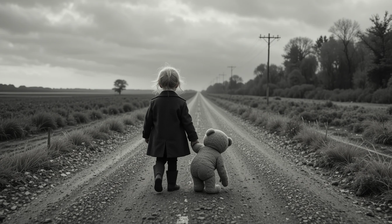 Kleines Mädchen zieht Teddybär über leere Schotterstraße