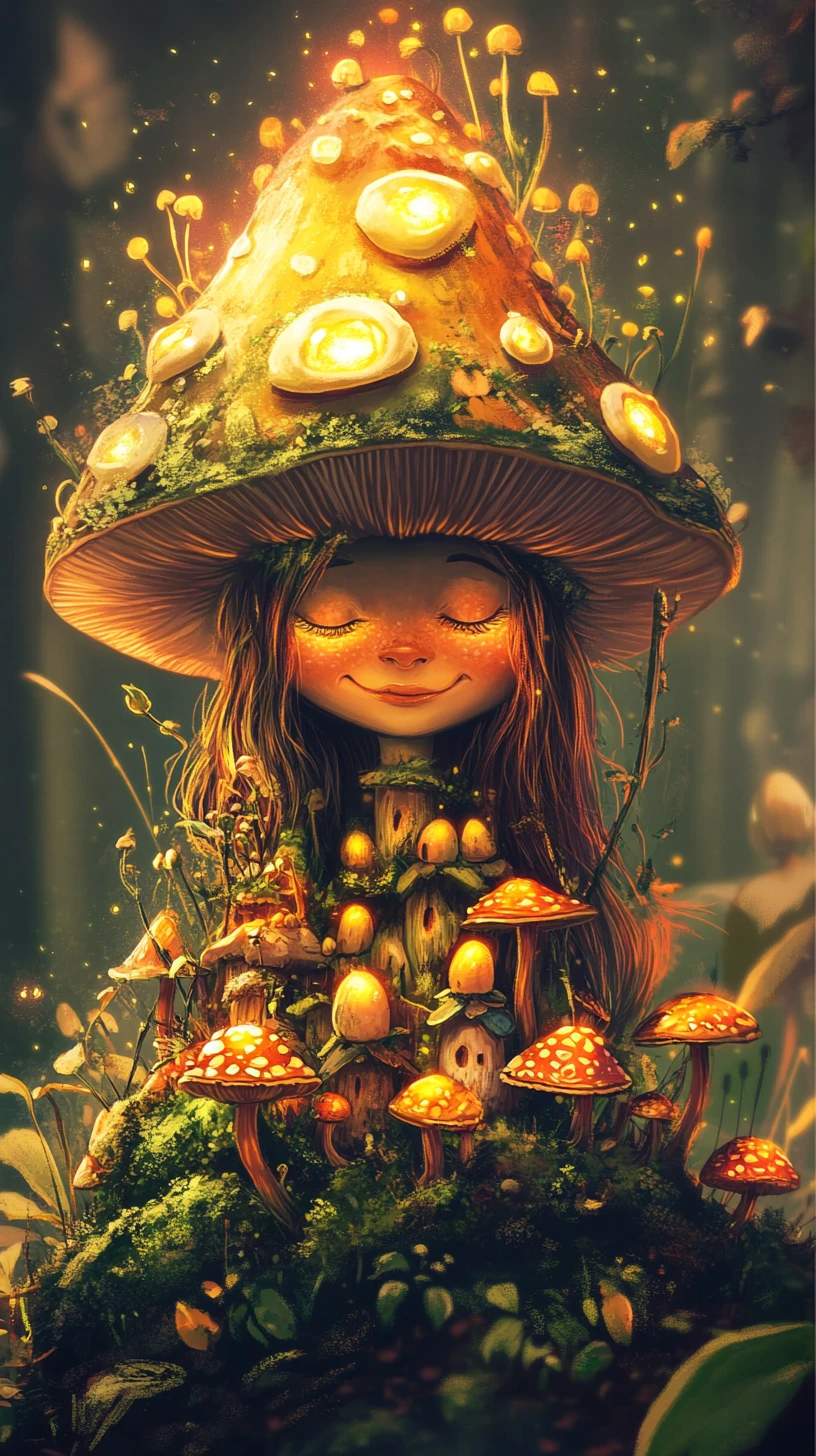 Gardien de la forêt avec village de champignons dans une chaude lumière éclatante