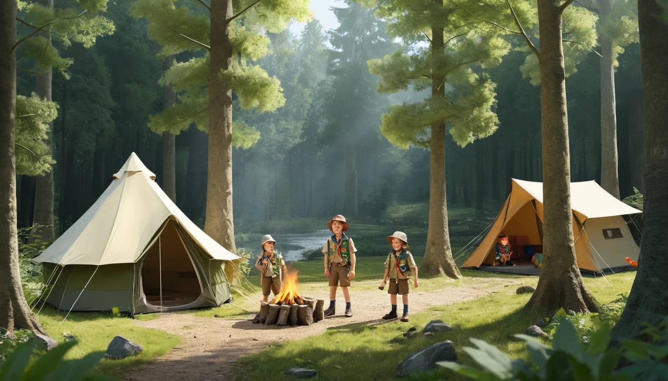 Enfants campant dans une forêt fleurie au bord d’un ruisseau en style pâte à modeler