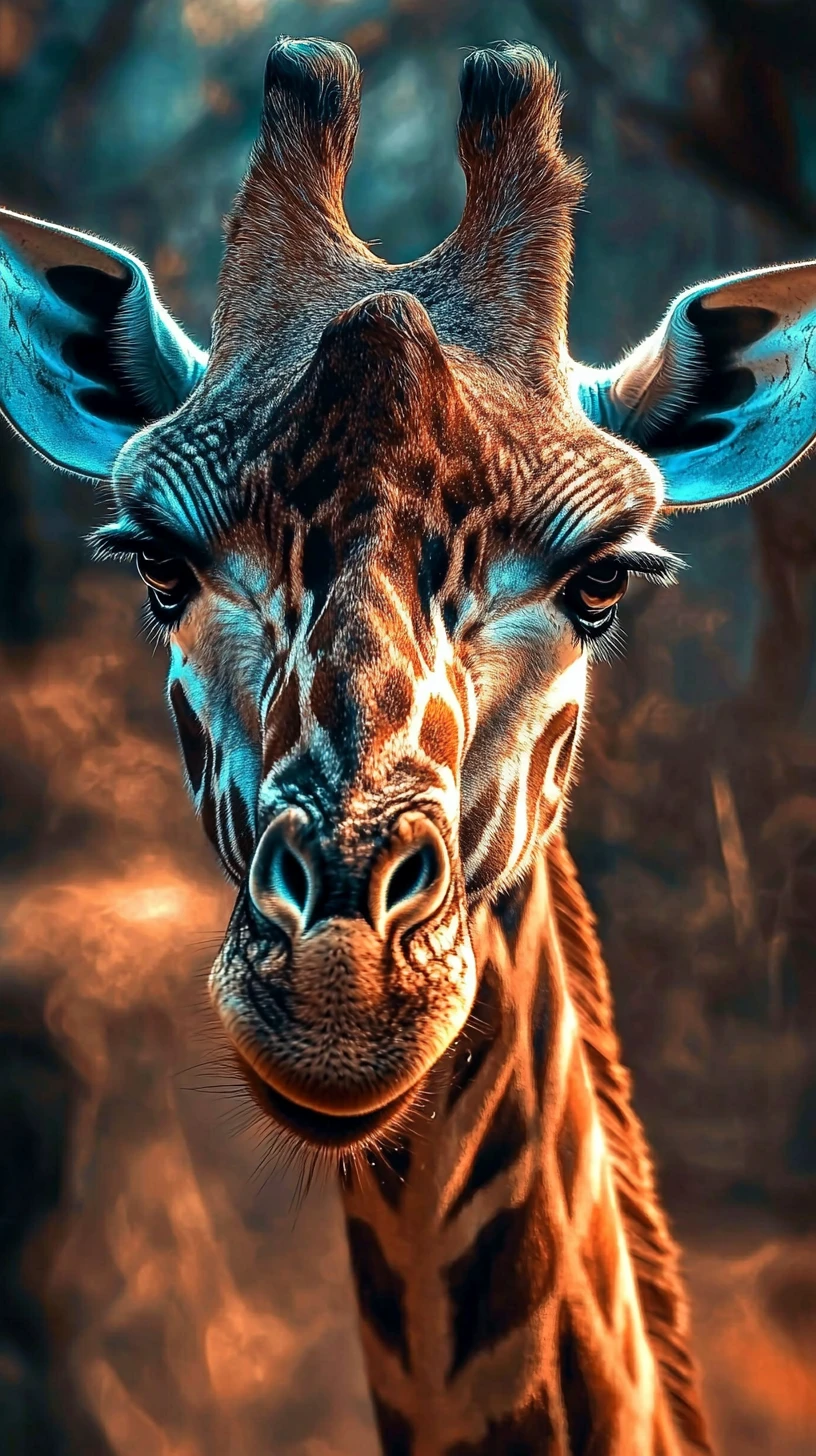 Retrato de girafa ao sol quente com fundo abstrato estampado