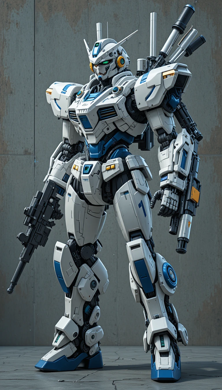 Mecha futuristico bianco e blu carico di armi e gadget