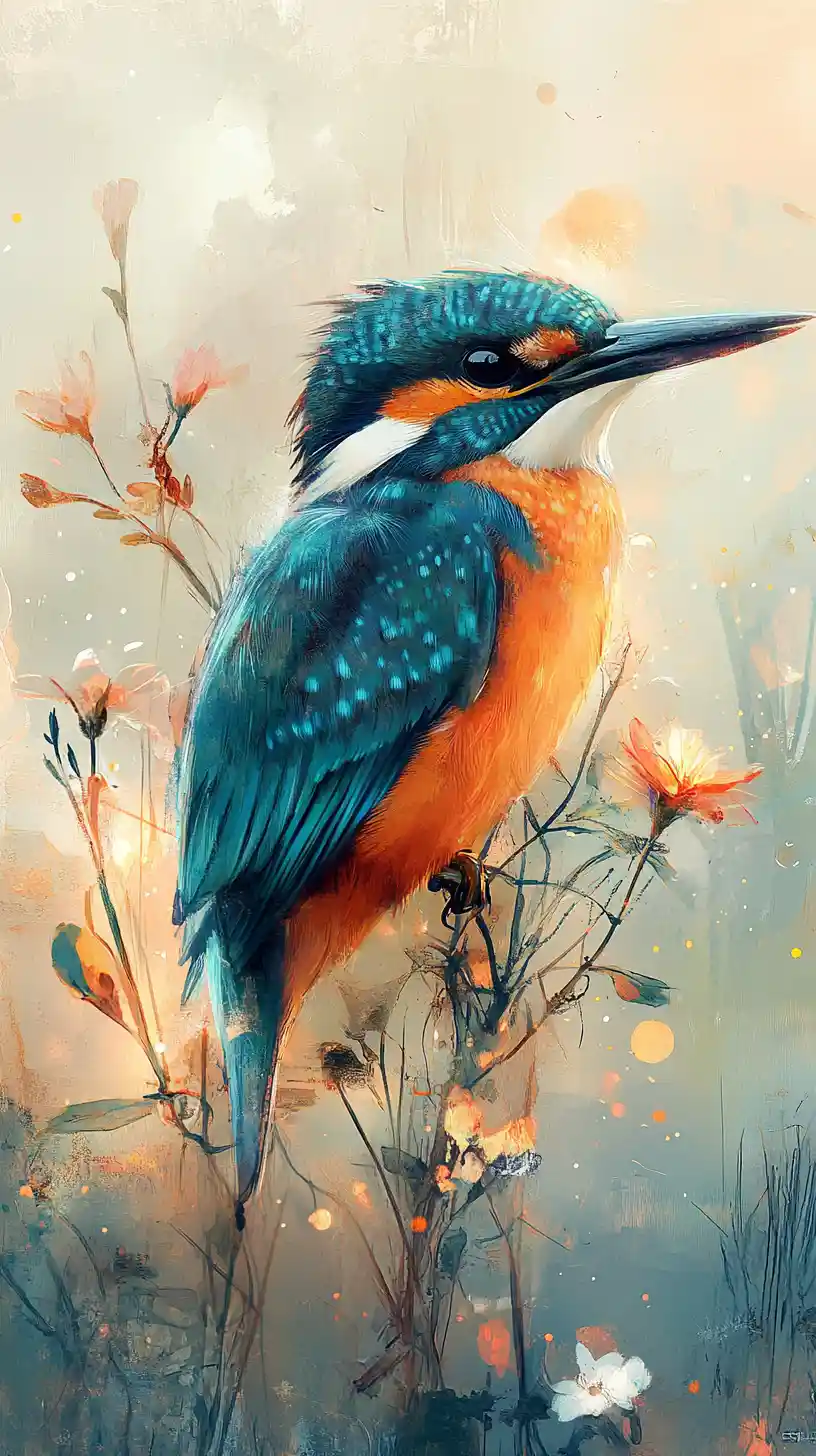 Dreamy kingfisher illustration with pastel feathers and bokeh glow