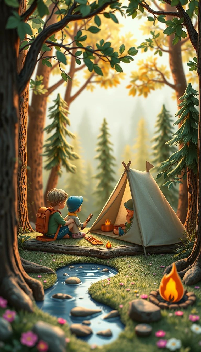 Clay style children camping with tents in a flowered forest