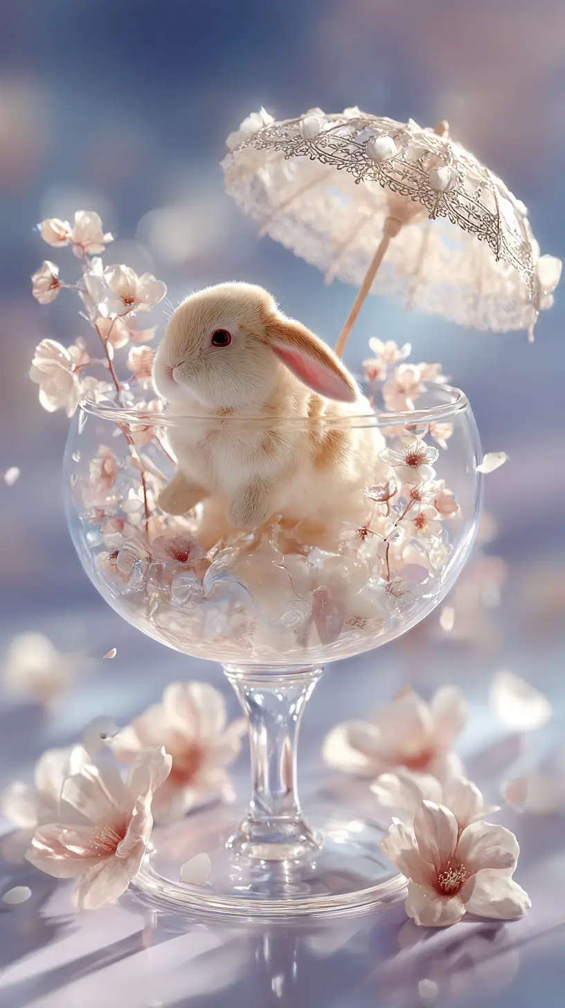 Bébé lapin dans une coupe à dessert en verre avec des fleurs flottantes