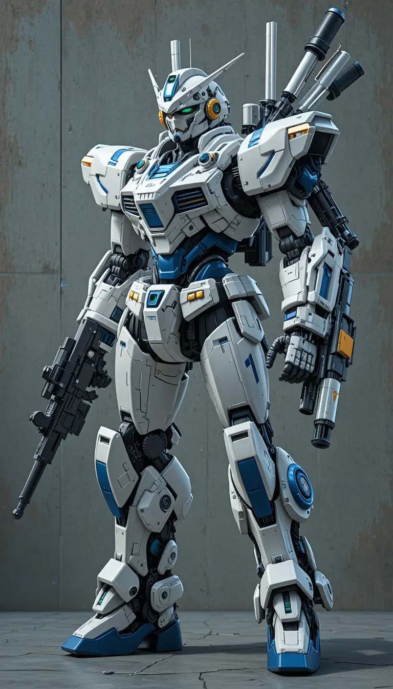 Futuristic white and blue mecha covered in weapons and gadgets
