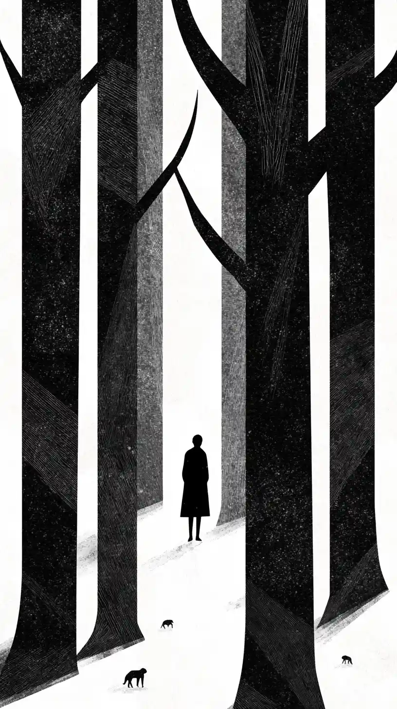 Figura solitaria in silhouette in una scena forestale minimalista