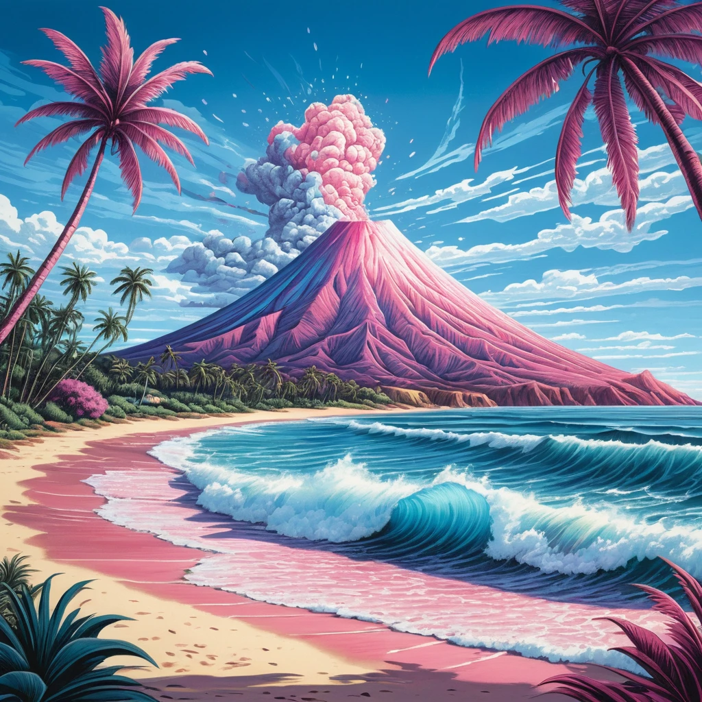 Ondas tropicais do oceano e vulcão distante em cena de verão