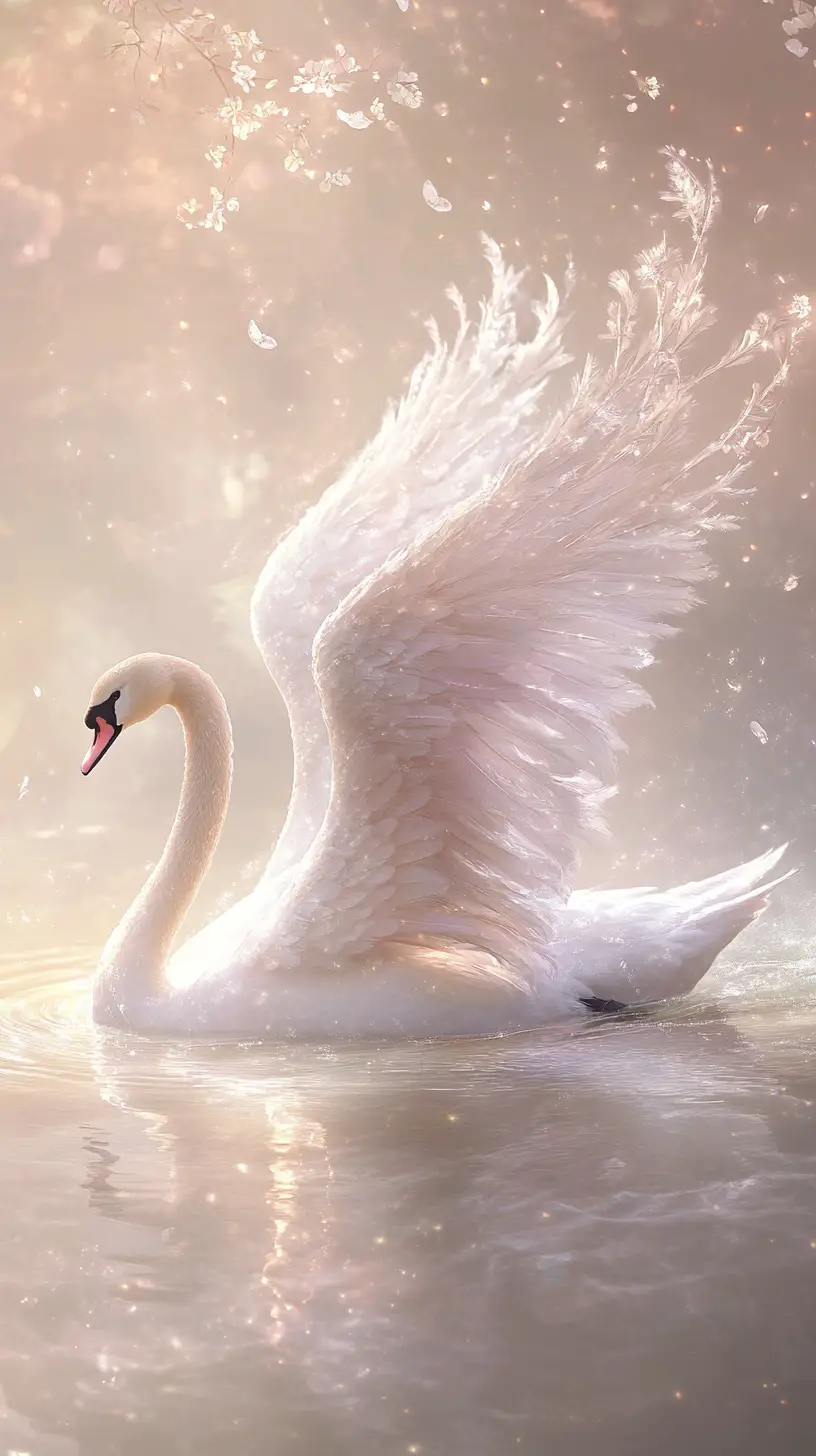 Ethereal swan gliding over misty pastel water