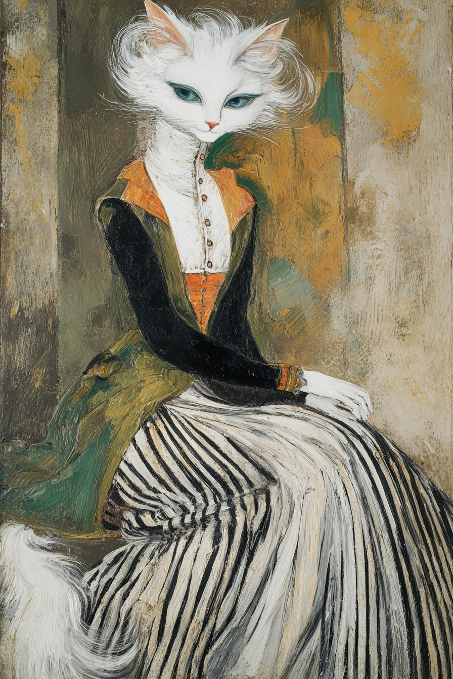 Retrato expressionista de um elegante gato angorá branco vestido
