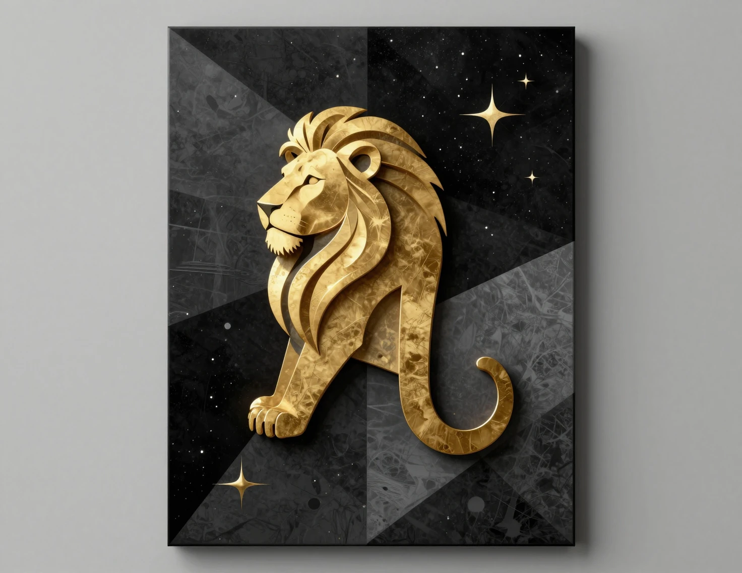 Emblema dorato del segno Leone su cielo notturno geometrico astratto
