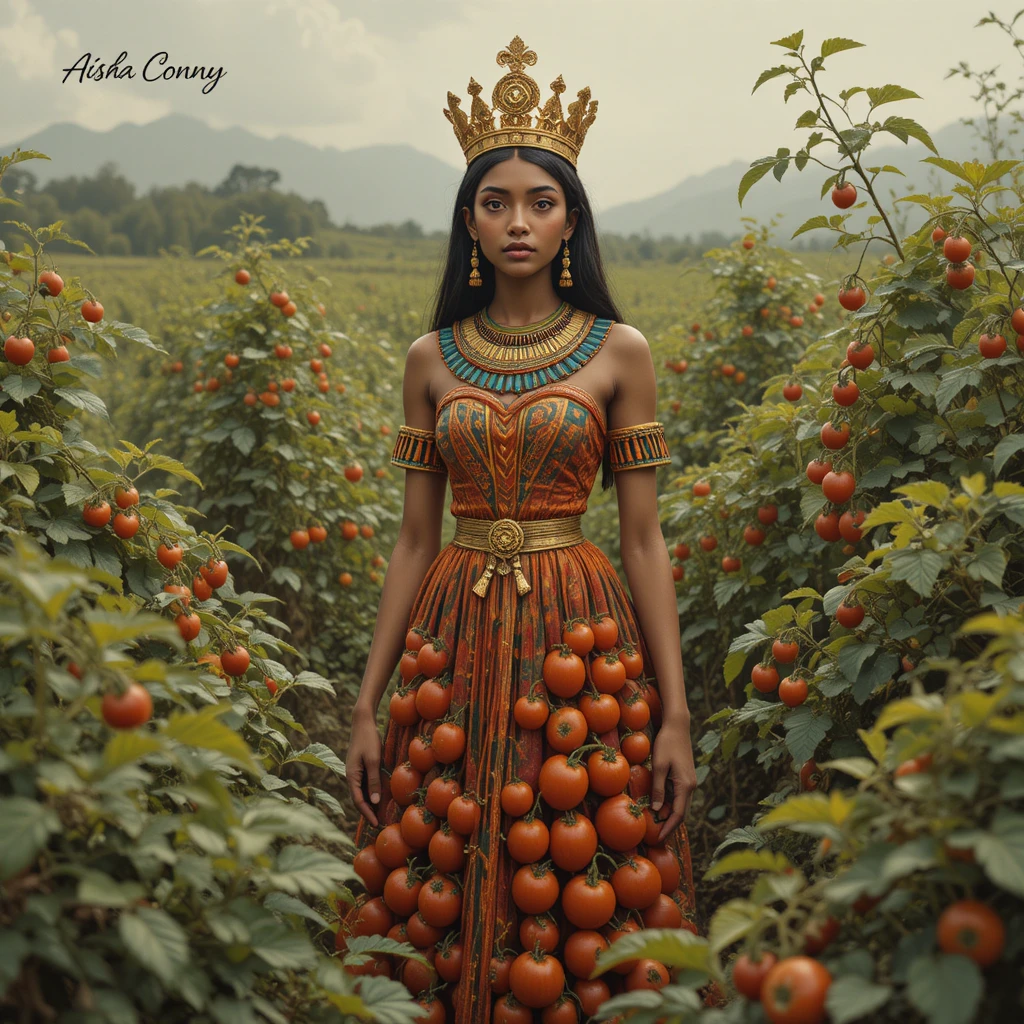 Altägyptische Königin im Bauernkleid zwischen Tomatenfeldern