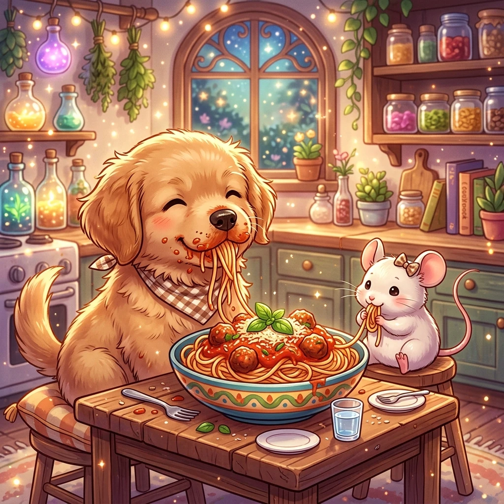 夢のようなキッチンでスパゲッティを分け合うかわいい子犬とネズミ