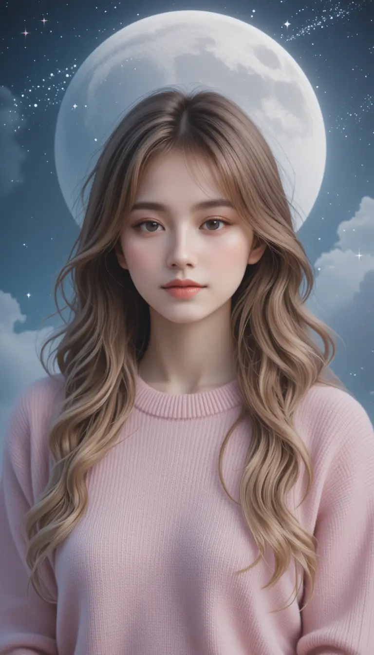 Serene blonde girl with closed eyes under a mystical moon