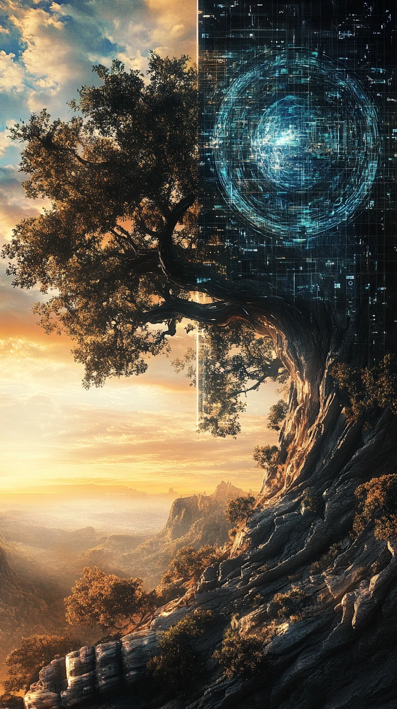 Árvore Surreal de Código em uma Paisagem Digital Ancestral