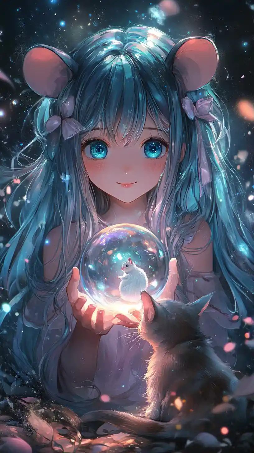 Anime girl with blue hair holding a glowing mouse orb
