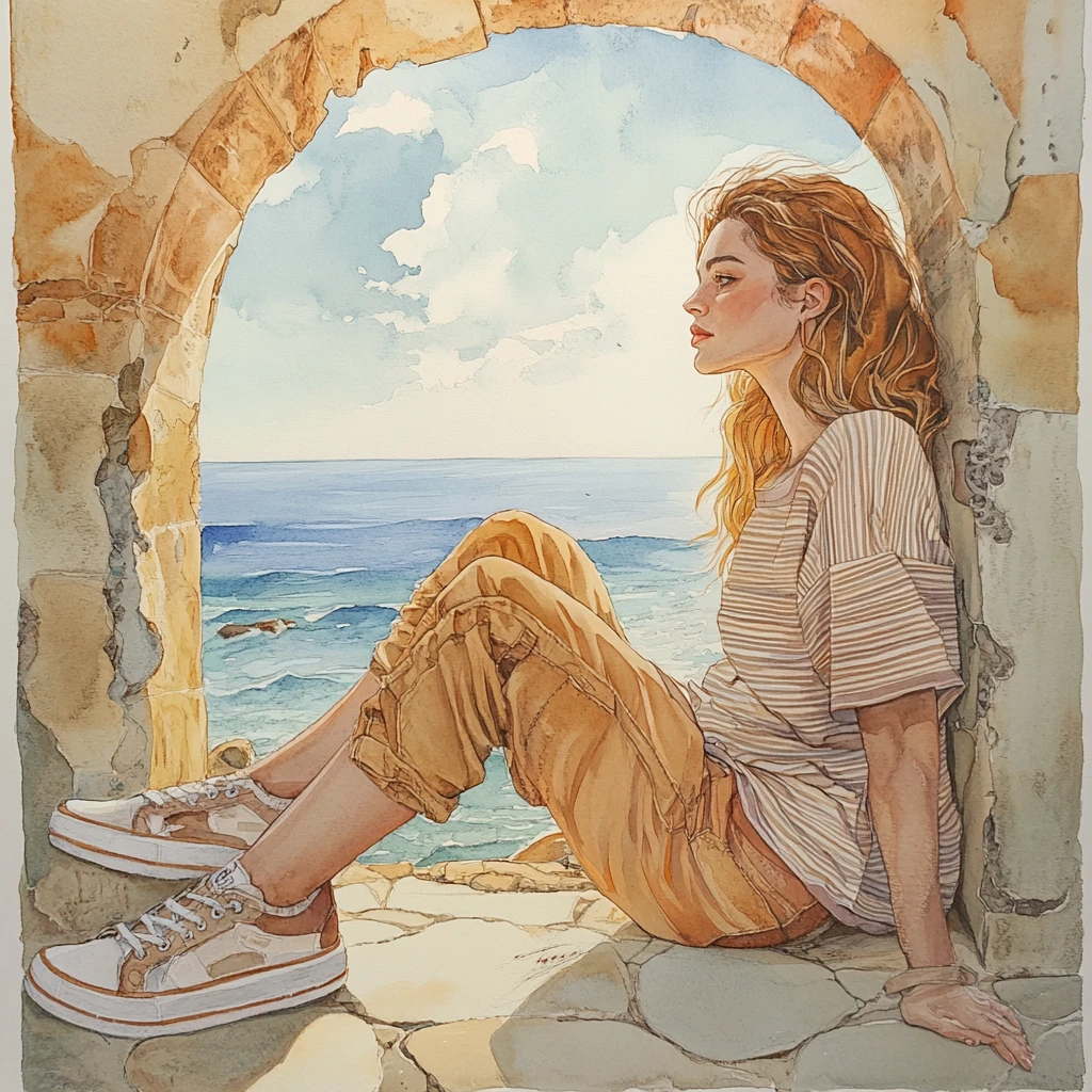 Mulher sonhadora em um arco com vista para o mar