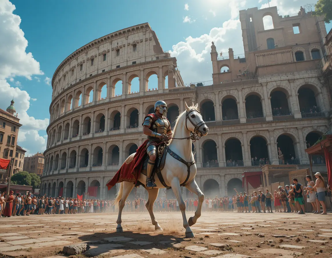 Römischer Gladiator aus nächster Nähe in sonnenbeschienener antiker Kol_arena