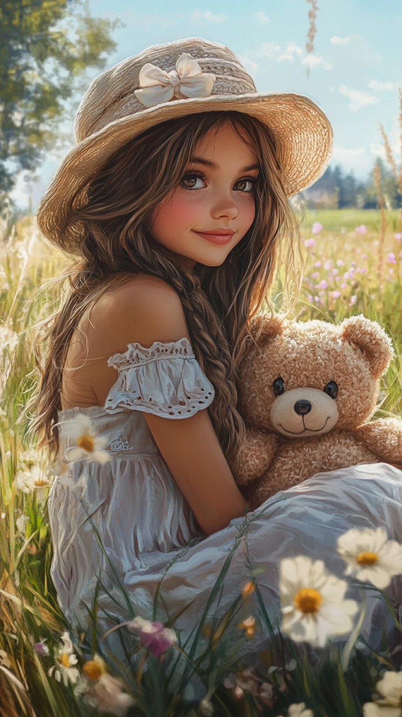 Süßes Mädchen mit Teddybär sitzt auf einer sonnigen Wiese