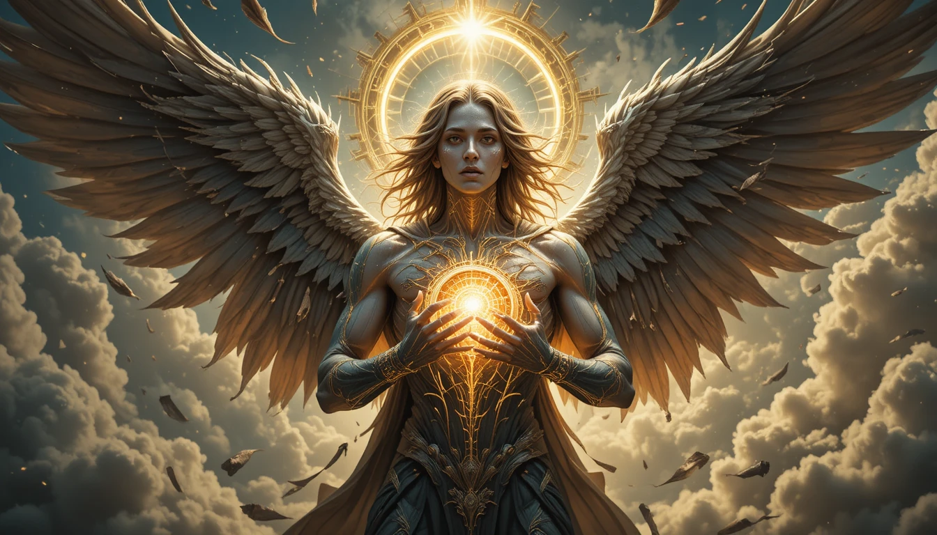 Anjo celestial revelando um núcleo cósmico radiante entre as nuvens